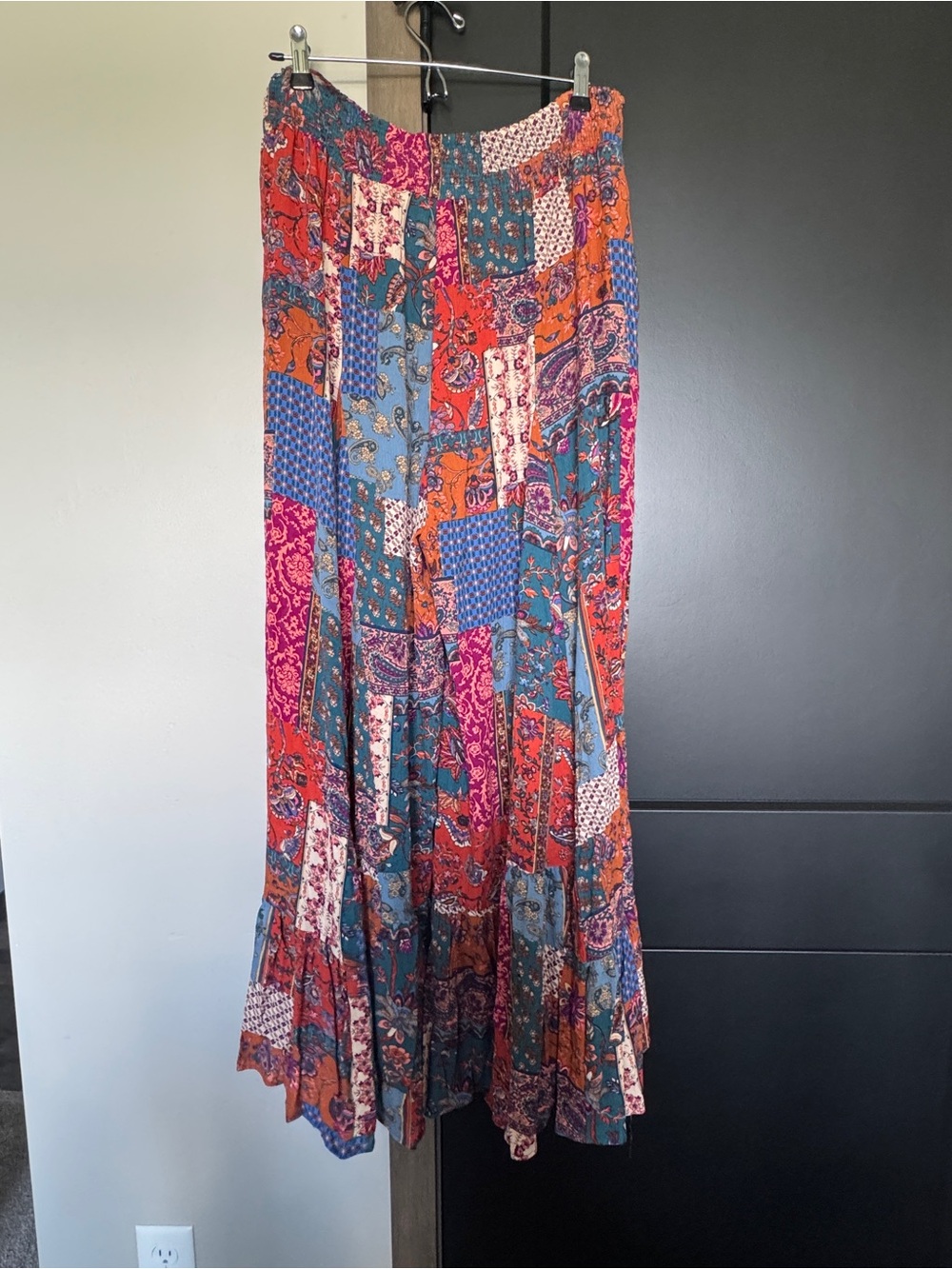 easel Multicolor Patchwork Wide Leg Pants in Teal, Fuchsia & Orange